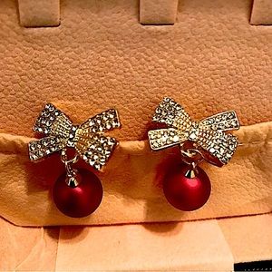 Earrings Silver Rhinestone Bows w/Red dangle balls!